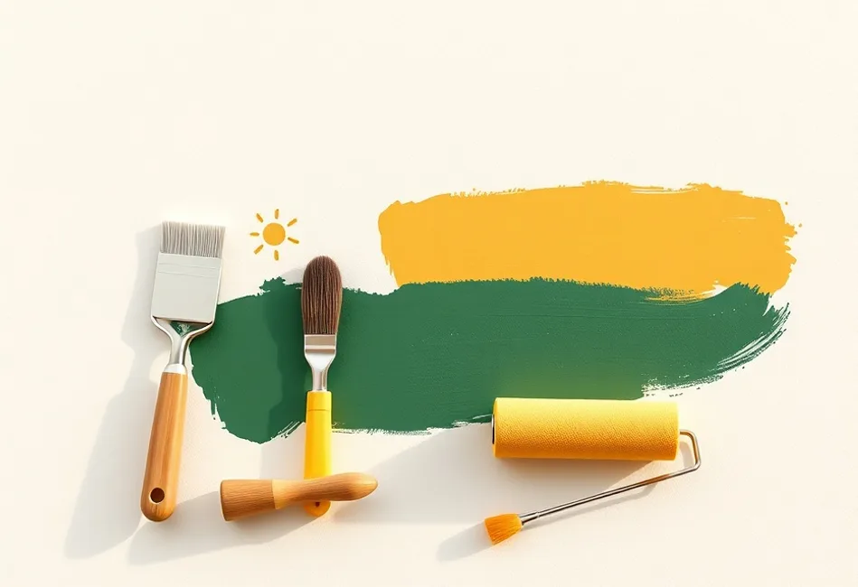 Outils de peinture disposés dans l'ordre des étapes du chantier