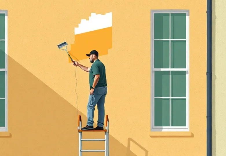 Peintre sur échafaudage traitant la façade d'une maison